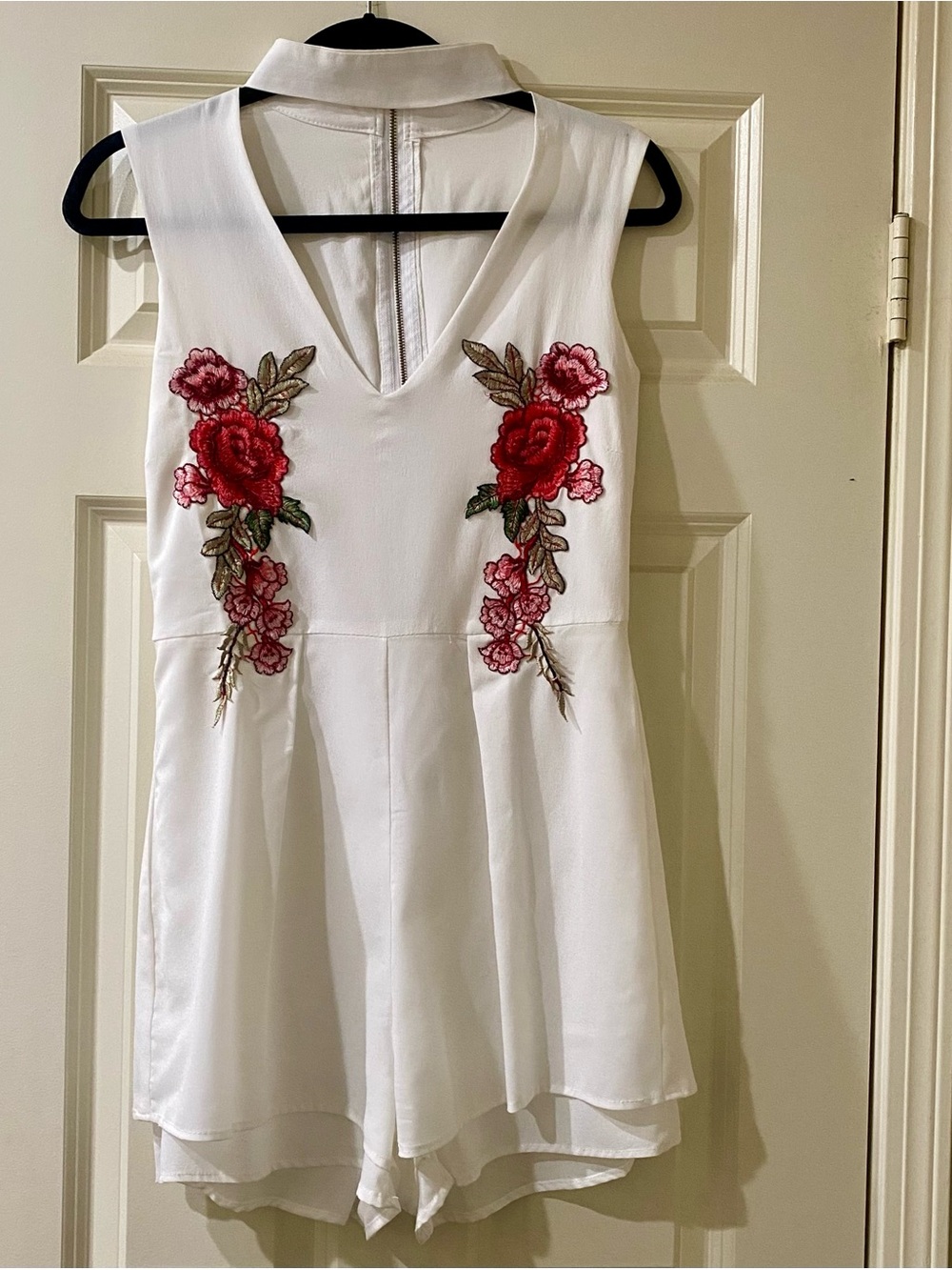White V-Neck Romper with Red Floral Embroidery